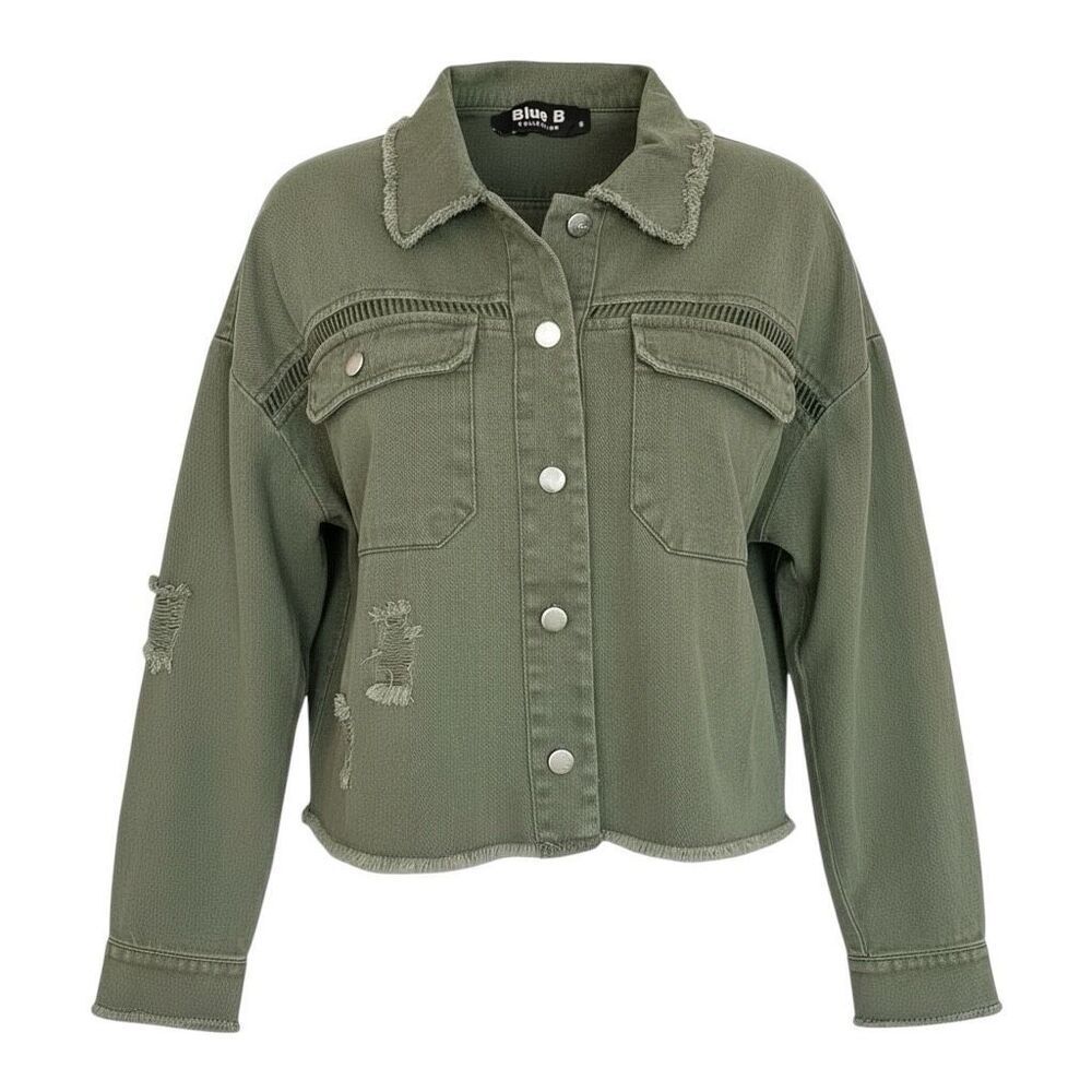 Blue B Collection Junior’s Distressed Twill Cropped Olive Jacket Size Small New
